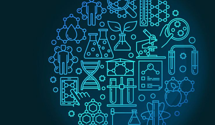 Grafik mit verschiedenen wissenschaftlichen Piktogrammen